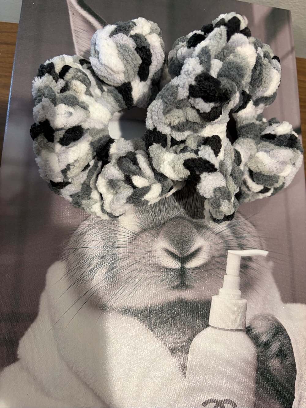 Plush Black, White & Gray Pom-Pom Wreath set of scrunchies